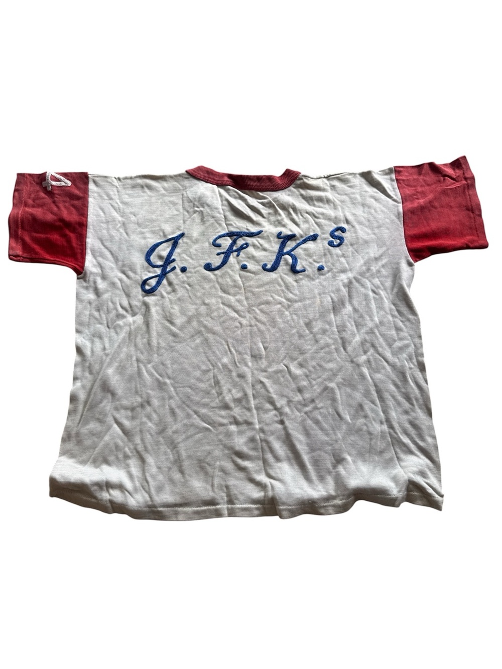Vintage White and Red Ringer Tee with 'J.F.K.' Script